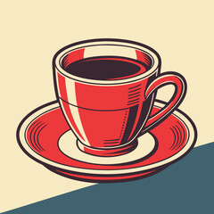 Red ceramic cup filled with dark liquid is placed on matching saucer