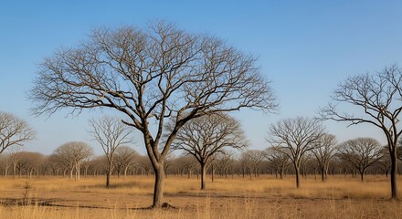 Bare Trees in a Field Under a Blue Sky.