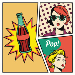 Comic book style depicts a drink exploding with surprised women saying pop