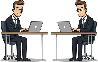 Cartoon Businessman Working on Laptop at Desk, Office Setup with Symmetrical Arrangement, Professional Workspace, Vector Illustration Concept