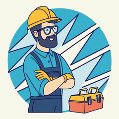 Bearded worker in hardhat and overalls standing confidently near a toolbox appears cheerful