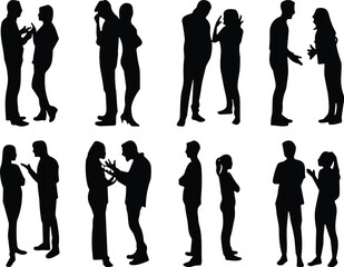 Silhouette people arguing, couple conflict illustration, man and woman disagreement, communication problem concept, cad drawing flat vector illustration