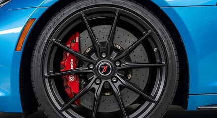 Close-up shot of a sleek blue car showcasing its impressive black wheel and red brake calipers