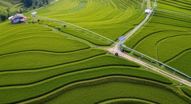 Aerial view of vibrant green rice terraces with paths intersecting and a small house nestled on the hillside.