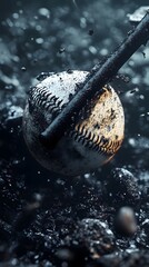 Dirty Baseball Bat Hitting a Grimy Baseball in Dark Dirt Keywords: baseball, bat, hitting, photo