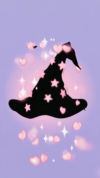 Animated Witch Hat with Hearts and Stars Floating Against Purple Background, , animasi video, wallpapper phone