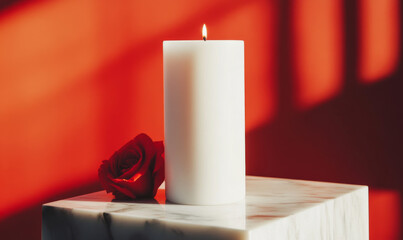White candle and red rose on marble on red background