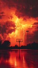 Dramatic Lightning Storm Over a Wet Basketball Court at Dusk hoop photo