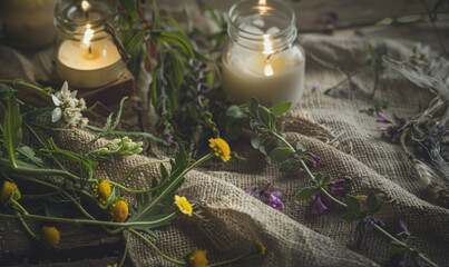 Rustic candle and wildflower arrangement