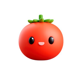 Obraz premium Cute smiling kawaii tomato with green leaves in 3d style on transparent background, PNG