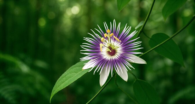 Exotic purple and white passionflower (Passiflora) blooming on a rainforest vine, vibrant jungle flower with starburst petals in tropical Amazon jungle setting - Powered by Adobe