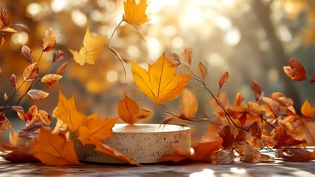 Autumn leaves fall and twirl around a podium in a forest setting.