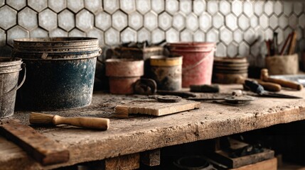 Fototapeta premium A craftsman’s workbench near tiled wall, grout buckets, trowels, renovation storytelling