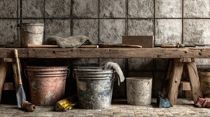 Fototapeta premium A craftsman’s workbench near tiled wall, grout buckets, trowels, renovation storytelling