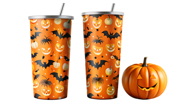 Halloween themed tumblers with jack o lantern and bat pattern isolated on a transparent background.