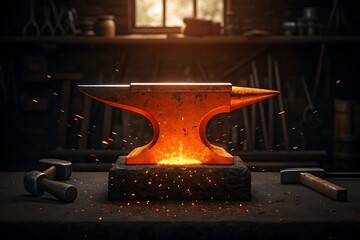 Glowing red hot anvil in a blacksmith's workshop ready for forging metal