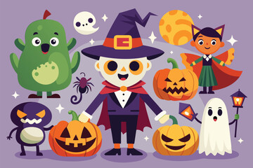 A collection of vintage-style Halloween characters, including a ghost, a pumpkin, and a witch.