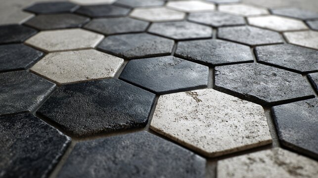 A hexagonal tiles mid-installation, floor-level perspective, charcoal and ivory mix, gritty styling