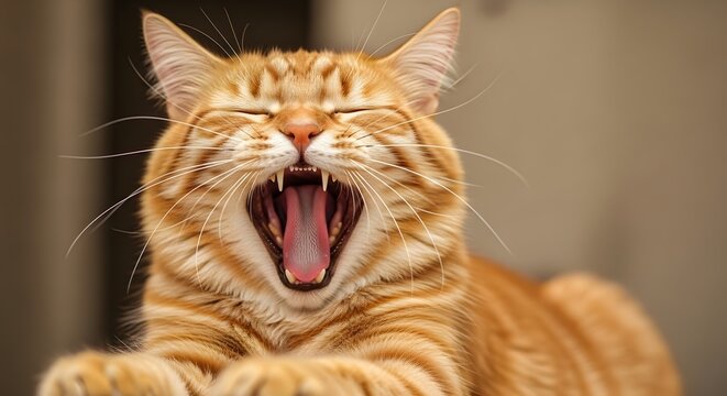 Ginger tabby cat yawning with mouth wide open showing teeth and tongue.