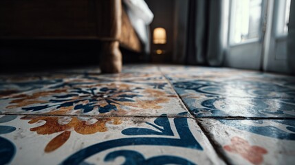 A placing encaustic cement tiles on the floor, warm terracotta and navy pattern, soft daylight, cozy palette