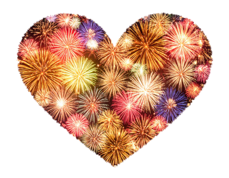 Silvester Feuerwerk in Herzform isoliert – Freisteller auf weißem Hintergrund, transparent