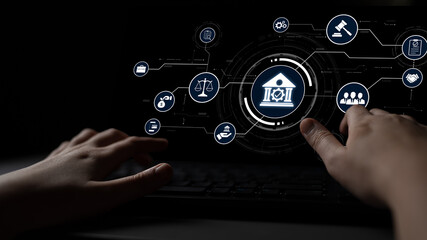Futuristic digital law interface displaying justice scale, highlighting digital law, AI compliance, digital law systems, and digital law regulations for secure governance. Spline