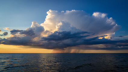 A dramatic storm cloud gathers over the ocean at sunset, with rain falling in the distance