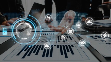 A modern workspace showcases collaboration and data analytics, highlighting the integration of technology in business environments for informed decision making. Raster