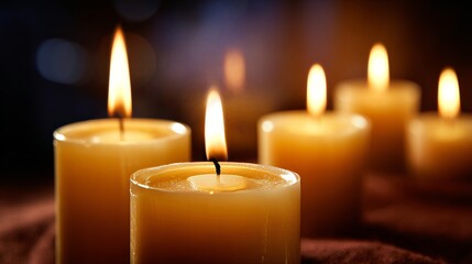 Burning tealight candles creating warm ambiance on dark background