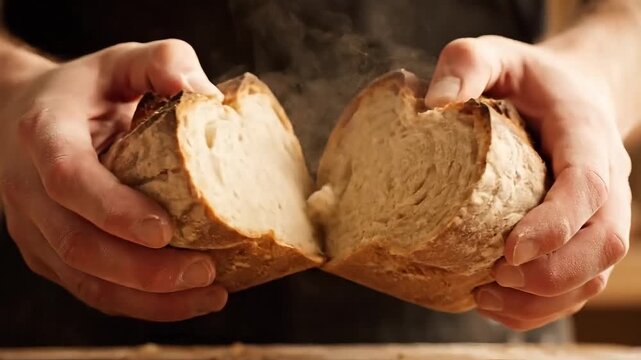 Hands gently breaking apart a warm, crusty loaf of bread, releasing steam.