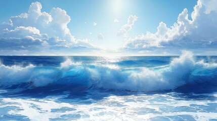 Watercolor an abstract blue sea, waves