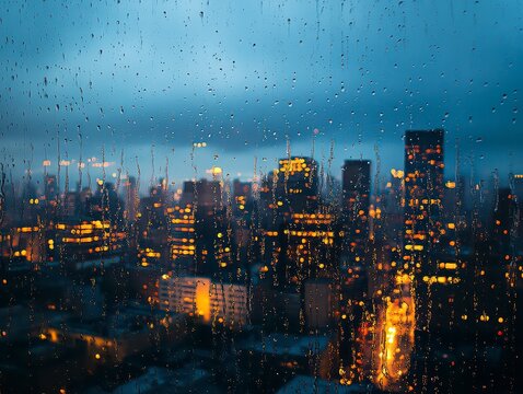 City skyline is visible through a window with raindrops on it - Powered by Adobe