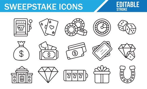 Editable stroke sweepstake icon collection for casino, luck, and fortune themes
