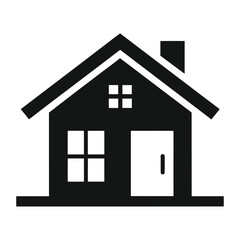 Simple black silhouette of a house with chimney and windows