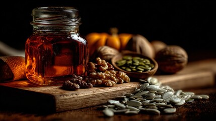 An earthy tones: maple syrup jar, pumpkin seeds, walnut halves, and pastry board