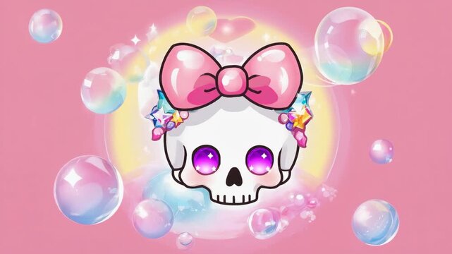 Whimsical Skull with Pink Bow and Bubbles Floating on Pastel Pink Background. wallpapper video