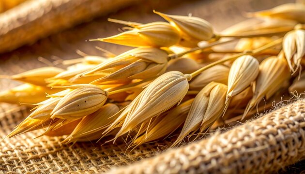 Oats stalks in a golden bunch on rustic burlap fabric. A close-up macro shot of healthy whole grains for breakfast cereal or oatmeal.