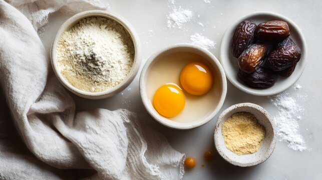 An elegant minimalist flat lay with white linen, bowls of hazelnut flour, dates, and egg yolks