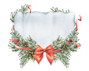 Christmas template with spruce branches and red bow, elegant winter holiday design, hand-painted watercolor illustration, festive frame for greeting cards and invitations.