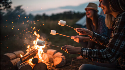 Friends roasting marshmallows around a campfire on a camping trip