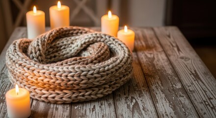 Obraz premium Cozy knitted scarf and lit candles on a rustic wooden table, creating a warm and inviting atmosphere for a relaxing evening