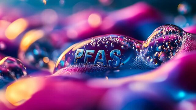 Macro shot of water drops with bubbles containing PFAS, with vibrant colors and cinematic lighting.