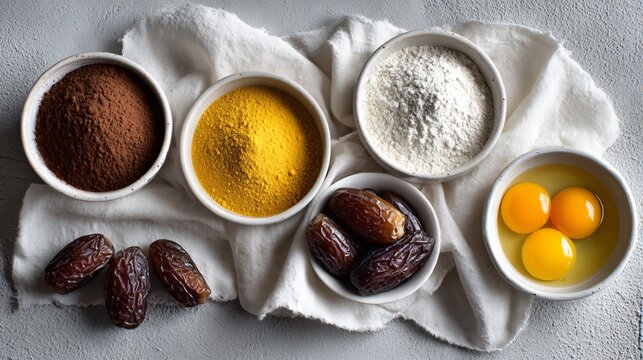 An elegant minimalist flat lay with white linen, bowls of hazelnut flour, dates, and egg yolks - Powered by Adobe