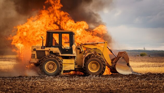 burning bulldozer in field a bulldozer engulfed in flames in a dry field intense fire consuming the vehicle