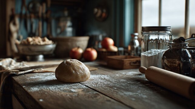 A final prep scene: old rolling pin, sugar jar, apples, and crust dough