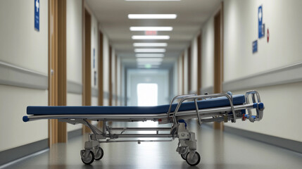 Hospital gurney in an empty healthcare hallway Generative AI