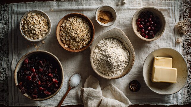 A flat lay of cozy scone prep: oats, cranberries, brown sugar, butter on tea towel-lined table