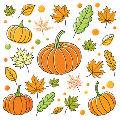 Assorted Autumn Pumpkins and Leaves Scattered Pattern