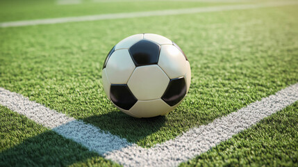 Fototapeta premium Soccer ball placed at the corner of a green sports field Generative AI