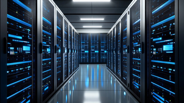 Server room data center filled with rows of server racks Generative AI